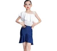 DgtZyrih Vestido de Baile Latino de un Hombro para niñas, Conjunto de 2 Piezas para Bailar Rumba, Samba, Tango, Disfraz de actuación con Volantes, Ropa de Baile de competición, Falda Corta,Blanca,130