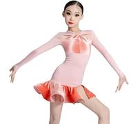 DgtZyrih Vestido de Baile Latino estándar para niños Falda de Swing Grande de Baile de salón de Manga Larga para Salsa, Rumba, Samba, Tango, Ropa de Baile Profesional,Rosado,170