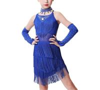 DgtZyrih Vestido de Baile Latino para niñas con borlas de Diamantes de imitación, sin Espalda, Ropa de Baile para niños, Disfraz de actuación para salón, Salsa, Tango, Falda,Azul,140