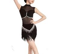DgtZyrih Vestido de Baile Latino para niñas, Falda de Ballet y Jazz de Encaje Transpirable, sin Mangas, con borlas, para salón de Baile, Samba, chachachá, Disfraz para actuación escénica,Negro,130