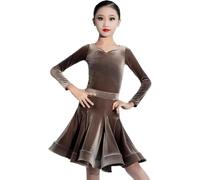 DgtZyrih Vestido de Baile Latino para niñas, Ropa de competición Profesional, Manga Larga, Cuello en V, Disfraz de Baile de Samba, Tango, Rumba, cha cha, para 6 a 15 años,Marrón,130