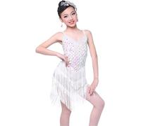 DgtZyrih Vestido de Baile Latino para niñas, Traje de Baile con Lentejuelas Brillantes, Traje de salón Transpirable, Falda con borlas Grandes, Ropa de Baile para cha cha cha Salsa Tango,Blanca,M