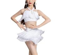 DgtZyrih Vestido de Baile Latino para niños Nueva Falda con Flecos Traje de Baile Traje de actuación Traje de Baile Ropa de Baile Tango de salón Chacha Salsa Samba Traje de práctica,Blanca,150