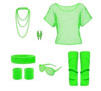 DGUSO Disfraz Años 80 Disfraz Años 80 Mujer, Ropa Años 80 Disfraz Disfraz Años 80 Niña, Top De Rejilla Neón, Muñequera, Diadema, Collar, Gafas, Pendientes, Calentadores de Pierna (Verde)