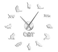 DGYOUHE-ZS YH American Shorthair Cat Moderno DIY Reloj de Pared Efecto Espejo Cat Reloj Kit número con Gran Aguja Gato Mascota Raza decoración de Pared reloj-120CM,Plata