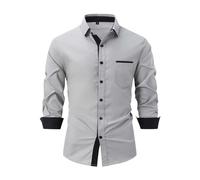 DGZTWLL Camisa de manga larga con botones para hombre, con ribete en contraste, informal, entallada, cuello abatible, tela de algodón ligero para primavera y negocios, uso casual, gris, L