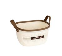 DH Cesta Organizadora Multiusos de Plástico PP, 25x19x13cm - Resistente y Apilable con Mangos Antideslizantes - Diseño Elegante para Hogar, Cocina, Ropa, Juguetes - Color Crema y Marrón (T-S)