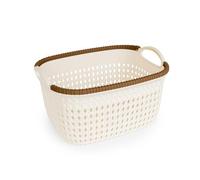 DH Cesta Organizadora Multiusos de Plástico PP, 30x23x16cm - Resistente y Apilable con Mangos Antideslizantes - Diseño Elegante para Hogar, Cocina, Ropa, Juguetes - Color Crema y Marrón (T-M)