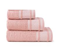 DH DREAMER HOME Juego de 3 Toallas de Baño - Diseño Greco Reversible - 100% algodón Extra Suaves y absorbentes - 1 de Tocador 30x50cm, 1 de Mano 50x90cm y 1 de Baño 100x150cm (Greco Rosa)