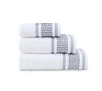 DH DREAMER HOME Juego de 3 Toallas de Baño - Diseño Greco Reversible - 100% algodón Extra Suaves y absorbentes - 1 de Tocador 30x50cm, 1 de Mano 50x90cm y 1 de Baño 100x150cm (Greco Blanco)