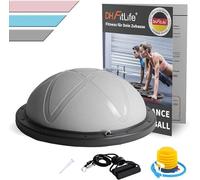 DH FitLife Balón de equilibrio, yoga, entrenador de equilibrio de 60 x 22 cm hasta 200 kg, media pelota de gimnasia, tabla de equilibrio con bomba y 2 bandas de fitness (gris)