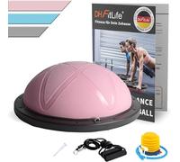 DH FitLife Balón de equilibrio, yoga, entrenador de equilibrio de 60 x 22 cm hasta 200 kg, media pelota de gimnasia, tabla de equilibrio con bomba y 2 bandas de fitness (rosa)