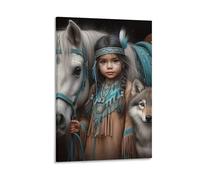 DHBANEIOK Niña nativa caballo lobo Cuadro En Lienzo Cuadros Decorativos Pinturas Murales Pintura Poster Impresiones De Lienzo Para Dormitorio Salon Poster De 08x12inch(20x30cm)