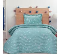 DHESTIA HOME - Colcha Bouti Cosida Infantil y Juvenil con Cojín Modelo Estrellas Stars Agua - Color Agua, Talla Cama 105