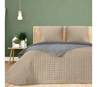 DHESTIA HOME - Colcha Bouti Reversible Albir Cosida Cuadros con Cojines (280x260 cm - Cama 180/200, Beige)