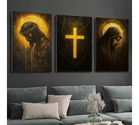DHHXY Set de 3 Cuadros Religiosos sobre Lienzo con Jesús y la Virgen María con Cruz Dorada, Perfecto para Decorar Hogar, Oficina e Iglesia (80x120cm x 3/Sin Marco)