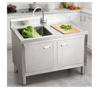 DHNDSDP Mesa de Trabajo Cocina con Fregadero Encimera Acero Inoxidable Salpicadero Acabado Cepillado Patas Ajustables Guías en Forma X Esquinas Antidesbordamiento Tiradores Las Puertas