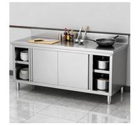 DHNDSDP Mesa de Trabajo con Respaldo Acero Inoxidable Diseño Puertas Correderas Patas Ajustables Estructura Reforzada Amplio Espacio Almacenamiento Mecanismo Deslizante Doble Guía