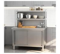 DHNDSDP Mesa de Trabajo con Soporte Acero Inoxidable Puertas Correderas Estantería Cocina Doble Riel Dos Tiradores Empotrados Esquinas Redondeadas Panel Trasero Cerrado Amplio Espacio Almacenamiento