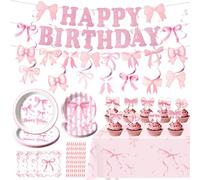 Dhnvcud 124 piezas de vajilla de fiesta con lazo dulce, platos de papel rosa, cumpleaños para niñas con platos de papel, servilletas, pajitas, mantel, decoración para tartas, pancarta para bodas