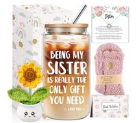 DHQH Regalos de feliz cumpleaños para hermanas de hermana, juego de regalos de Navidad para el día de la madre con taza de vidrio de 16 onzas para mamá, profesora, tía, abuela e hija