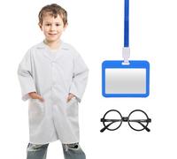 DHSBGWSX 1 disfraz de niño blanco con 1 soporte para tarjeta de identificación y 1 gafas redondas, disfraz de pediatra, disfraz de científico infantil, juego de rol