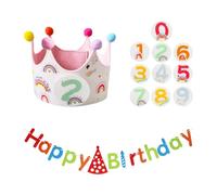 DHSBGWSX 1 Gorro De Cumpleaños Con Números, 1 Bandera De Cumpleaños, Juego De Decoración De Cumpleaños, Gorro De Corona De Cumpleaños, Gorro De Cumpleaños Con Números Reemplazables