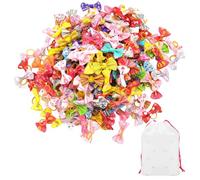 DHSBGWSX 100 cuerdas para el pelo con lazos, 1 bolsa de almacenamiento, accesorios para pelo de animales, gomas de pelo creativas para perros, gomas elásticas de dibujos animados para mascotas,