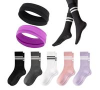 DHSBGWSX 5 pares de calcetines de yoga, 2 diademas de yoga, calcetines de correr para mujer, calcetines antideslizantes para fitness, calcetines deportivos a rayas, multicolor, Talla única