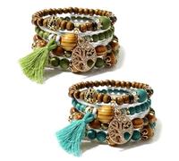 DHSBGWSX 8 pulseras de perlas de madera, pulsera étnica bohemia, pulsera con colgante de borla, regalo de joyería, pulsera elástica de cuentas de madera, talla única
