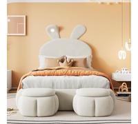 DHWDS Cama de cuento de hadas para niños con tira de luz LED y orejas de conejo, cama individual de 90 x 200 cm en terciopelo, con cabecero ajustable, 2 taburetes de almacenamiento y somier, cama