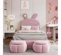 DHWDS Cama de cuento de hadas para niños con tira de luz LED y orejas de conejo, cama individual de 90 x 200 cm en terciopelo, con cabecero ajustable, 2 taburetes de almacenamiento y somier, cama