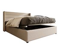 DHWDS Cama doble tapizada con función de somier y espacio de almacenamiento, estructura de cama con sistema hidráulico, cabecero tapizado y somier de láminas de madera maciza, marco de metal con cajón
