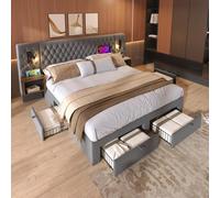 DHWDS Cama tapizada con espacio de almacenamiento, 180 x 200 cm, juego completo que incluye estructura de cama, 2 mesitas de noche, cajones, puertos USB y luz de lectura, cabecero de terciopelo
