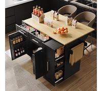 DHWDS Isla de cocina con mesa plegable sobre ruedas - Carrito de comedor multifuncional y carrito de servicio con gran espacio de almacenamiento, MDF, negro, ahorra espacio y portátil