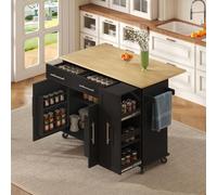 DHWDS Isla de cocina con ruedas, dimensiones 120 x 40 (65) x 90 cm, con hoja plegable, organizador extensible de tres niveles, estantes internos de almacenamiento, de MDF, color negro y natural