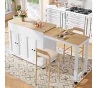 DHWDS Isla de cocina móvil blanca de MDF con tablero extensible, mesa de bar multifuncional y mesa de comedor con espacio de almacenamiento, 6 estantes, estable, dimensiones 117-180 x 50 x 94,6 cm