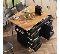 DHWDS Isla de cocina negra con 8 cajones y encimera plegable - Contenedor móvil con 5 ruedas, gran espacio de almacenamiento, diseño moderno para cocina y comedor