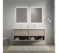 DHWDS Juego de muebles de baño de 140 cm, montaje en pared con doble lavabo integral, 2 cajones de cierre suave, estantería abierta, premontado, aspecto de madera de roble claro