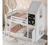 DHWDS Litera infantil como casa de juegos con puerta, pizarra y techo | Cama blanca de cuento de hadas 90 x 200 cm, completa con ventanas, escalera y somier | Madera de pino, con espacio de