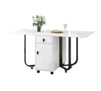 DHWDS Mesa de comedor plegable con armario y 2 cajones (150 x 80 cm) - Mesa multifunción 3 en 1 para ahorrar espacio, mesa de cocina y aparador en blanco/negro con aspecto de mármol y asas doradas