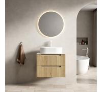 DHWDS Mueble de baño colgante de 60 cm con lavabo de cerámica y placa de piedra sinterizada travertino, 2 cajones de cierre suave, premontado, aspecto de madera de roble blanco