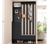 DHWDS Perchero multifuncional con banco y zapatero - Perchero de pasillo en negro con panel de pared y 4 ganchos, compacto 100 x 35 x 180 cm para pasillo, vestíbulo y vestíbulo