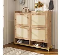 DHWDS Zapatero de ratán con 4 puertas y marco de metal, armario de almacenamiento con estante para pasillo y entrada, ideal para apartamentos pequeños, 108,5 x 24 x 100 cm, aspecto de madera