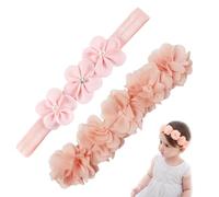 DHWEKU 2 Pcs Diademas para Bebés Recién Nacidos, Diadema de Flores Bebe Niña Elásticas de Nailon Suave 0-3 Años, Cinta Turbante Pelo con Flor Encaje Perla, Bandas para el Pelo para Niña Fotografía