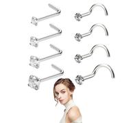 DHWEKU 20 Guage Piercing de Nariz de Acero Inoxidable Aros de Nariz de Zirconia Cúbica Joya de Cuerpo, Forma de Tornillo y L Curvado, 8 Piezas