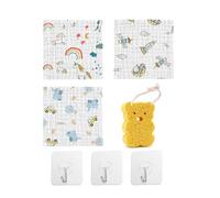 DHWEKU 3 Pcs Muselinas Bebe Algodon+1 Esponja Baño Bebe+3 ganchos adhesivos, 25x25cm Toallas de Baño Extra Suaves y Absorbentes de para Niños, Toallas Faciales Infantiles