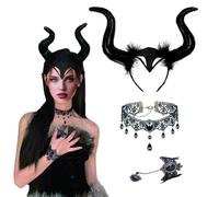 DHWEKU Diadema de Cuerno Negro Halloween Cuernos de Demonio,Cuernos Disfraz de Cuernos de Reina Tocado Cosplay Mujer Devil Horns con Collar de Encaje Gótico para Carnaval Mascarada