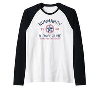 Día D 6 de Junio de 1944 Estrella con Nombres de Playa Rojo Blanco Azul Envejecido Camiseta Manga Raglan