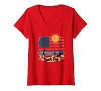 Día de la Playa de Old Glory Camiseta Cuello V, Mujer, Rojo, XXL